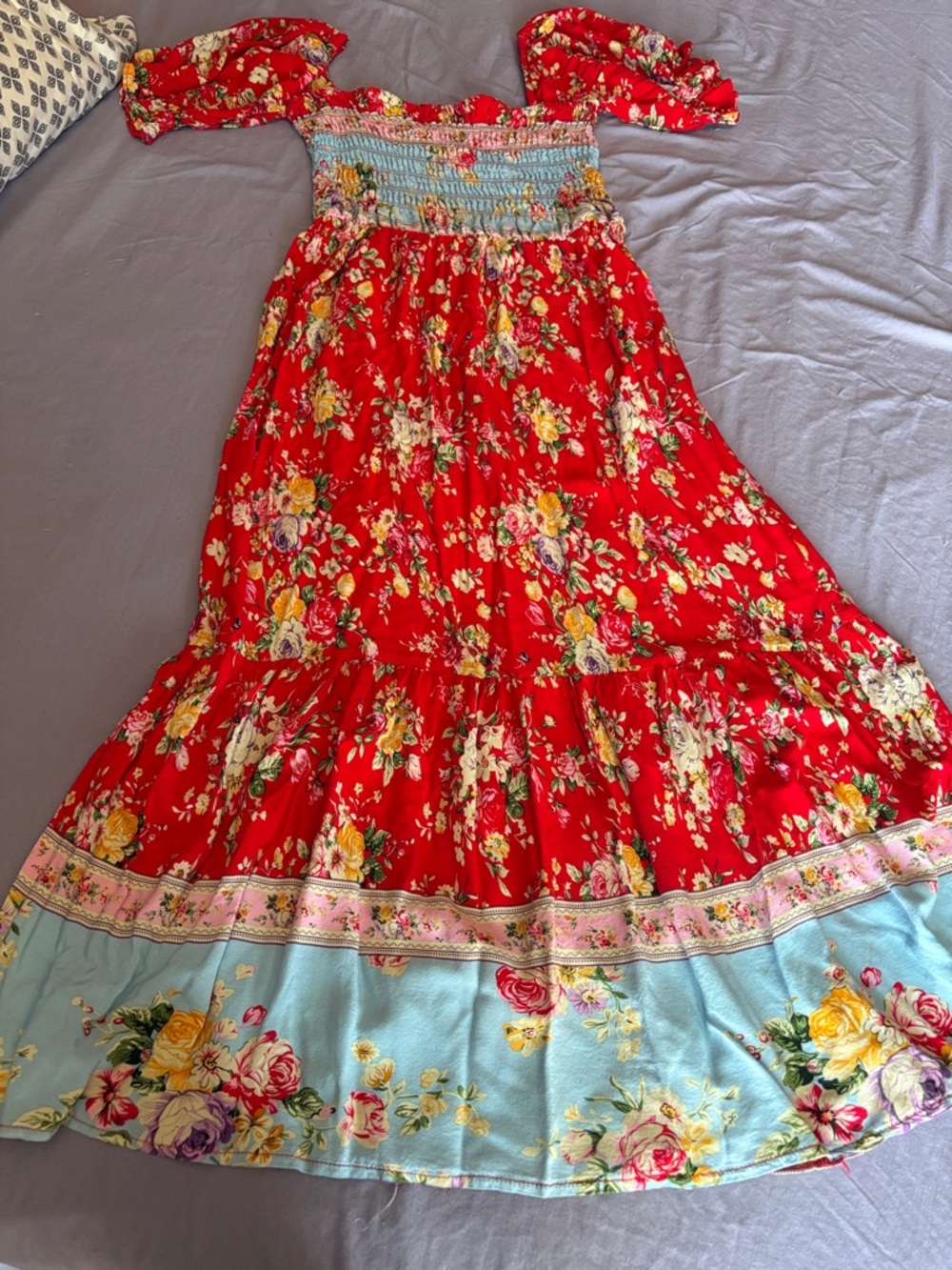 Red Floral Maxi Skirt with Blue Hem